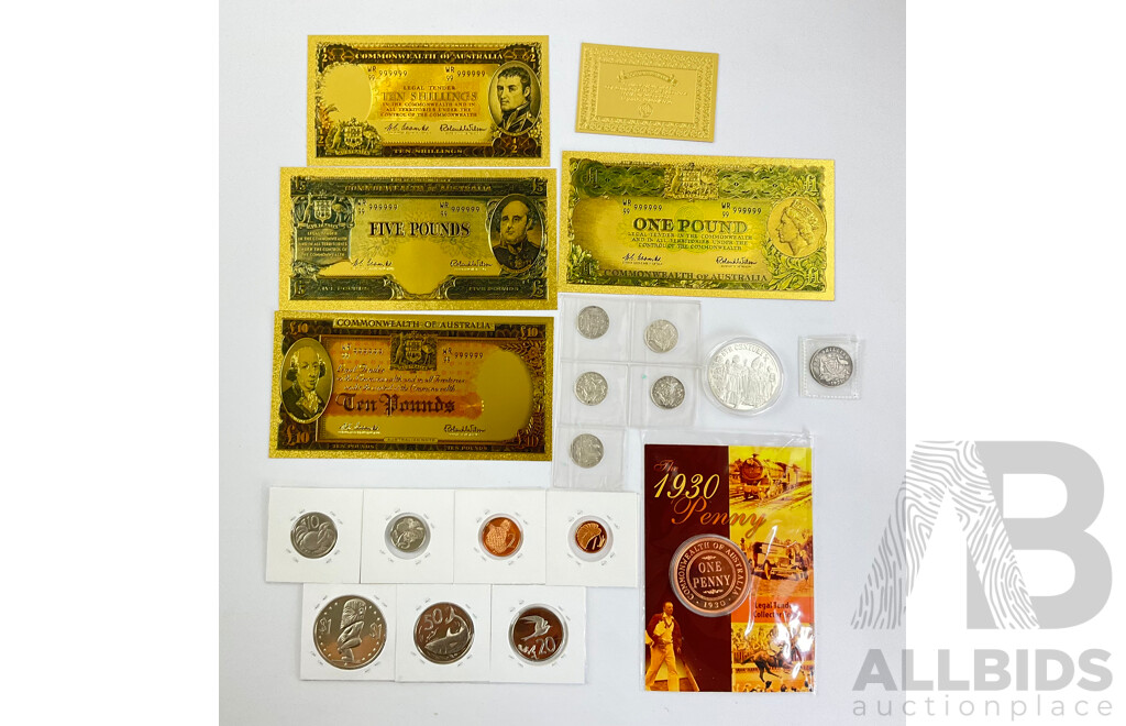 Australian 1921 Silver Star Shilling, Silver Sixpence 1925(2) 1927(3) 1930 Sherwood Penny, Cook Island 1997 Silver Fifty Dollar Coin and UNC 1975 Coin Set, Australian Gold Foil Predecimal Note Set