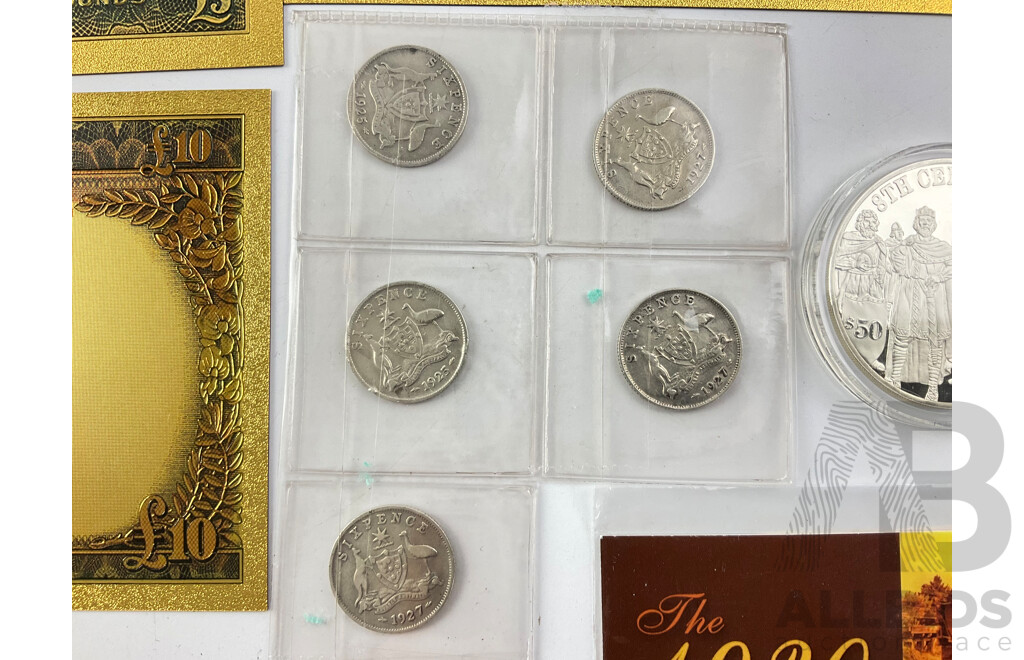 Australian 1921 Silver Star Shilling, Silver Sixpence 1925(2) 1927(3) 1930 Sherwood Penny, Cook Island 1997 Silver Fifty Dollar Coin and UNC 1975 Coin Set, Australian Gold Foil Predecimal Note Set