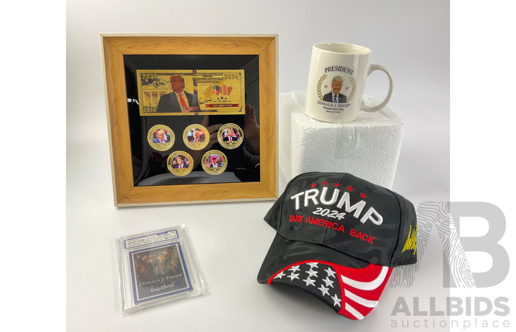 Donald J. Trump Memorabilia Including 2025 Inauguration Cup, Framed Coin/Note Set ''The Best is Yet to Come'' Collector Card and Take America Back Baseball Cap