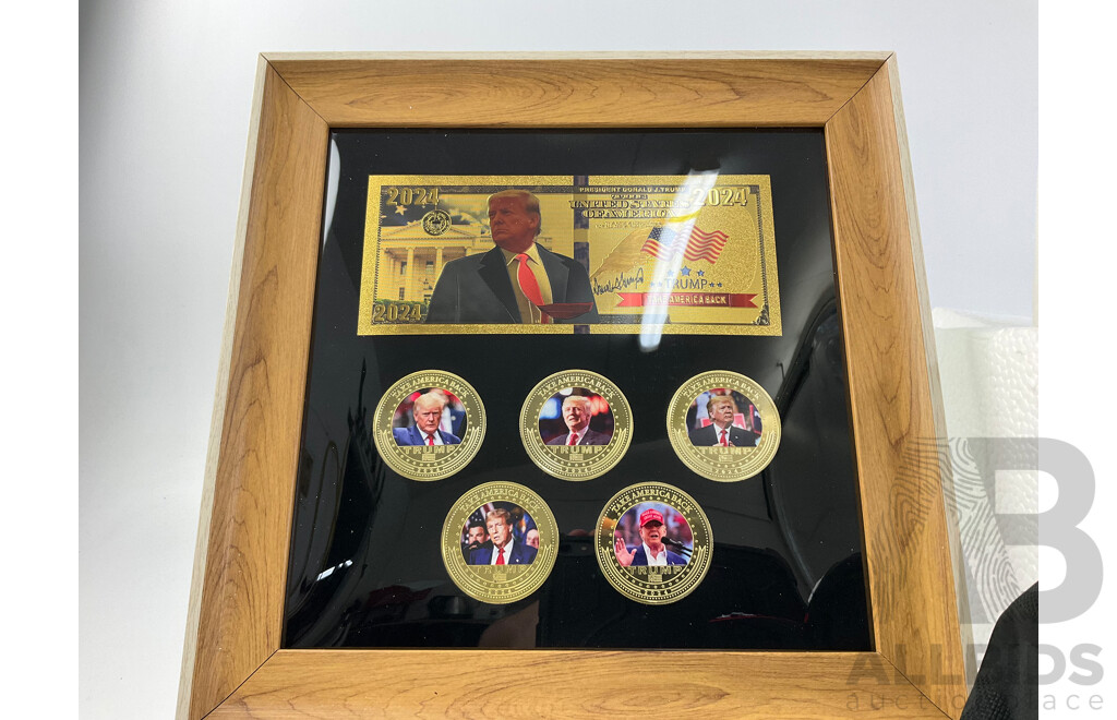 Donald J. Trump Memorabilia Including 2025 Inauguration Cup, Framed Coin/Note Set ''The Best is Yet to Come'' Collector Card and Take America Back Baseball Cap