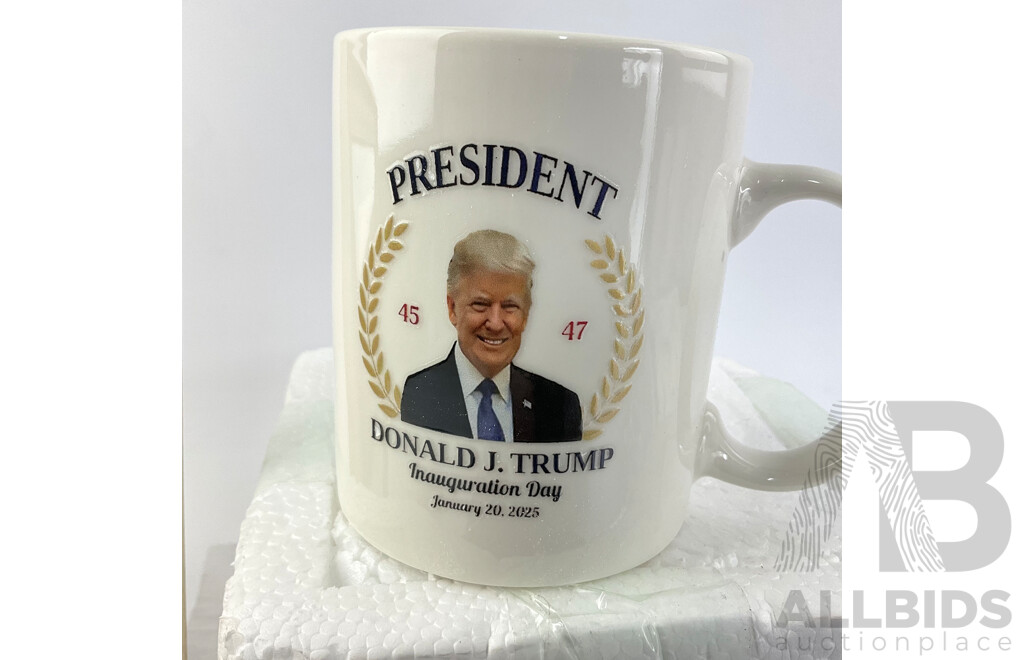 Donald J. Trump Memorabilia Including 2025 Inauguration Cup, Framed Coin/Note Set ''The Best is Yet to Come'' Collector Card and Take America Back Baseball Cap