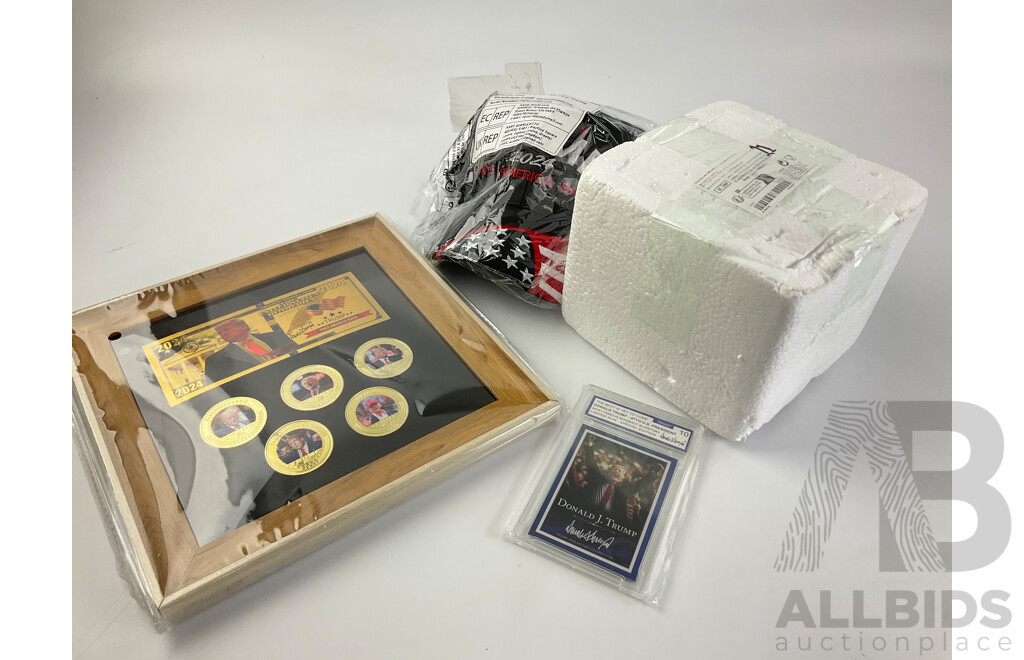 Donald J. Trump Memorabilia Including 2025 Inauguration Cup, Framed Coin/Note Set ''The Best is Yet to Come'' Collector Card and Take America Back Baseball Cap