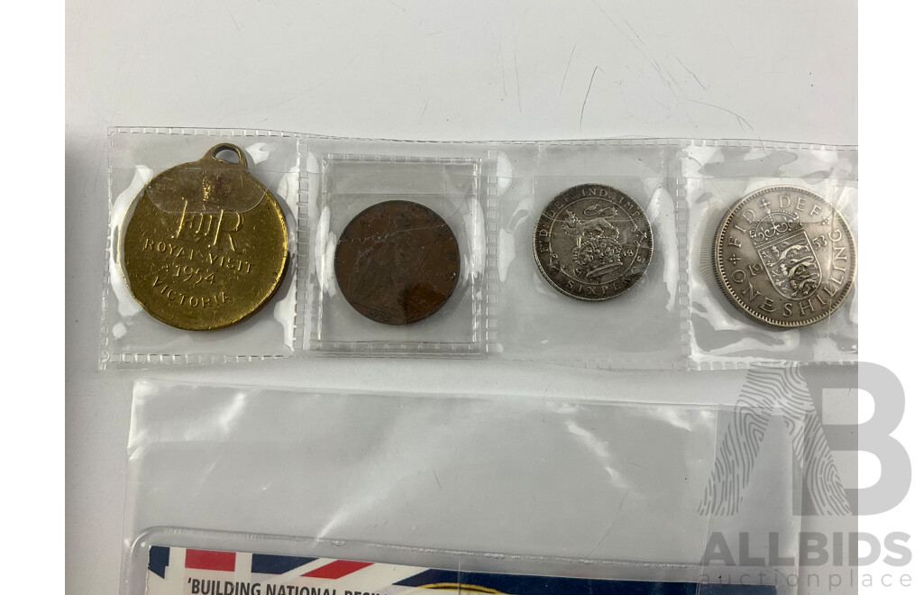 Australian 2011 One Dollar CHOGM, 1954 Royal Visit Medallion, UK 1953 Five Shillings, One Shilling, 1918 Sixpence, India 1998 One Rupee