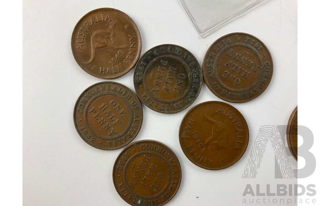 Australian Silver Threepence 1925(4) 1936, 1957, Pennies KGV, KGVI QE2, Half Pennies KGV, KGVI, 1964 Gilded Half Penny