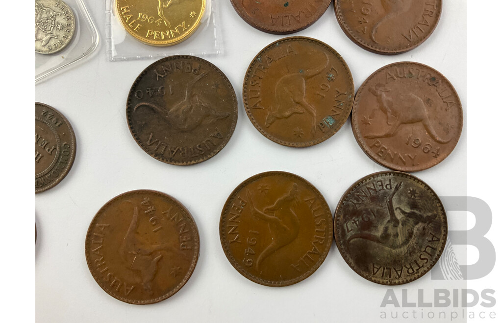 Australian Silver Threepence 1925(4) 1936, 1957, Pennies KGV, KGVI QE2, Half Pennies KGV, KGVI, 1964 Gilded Half Penny