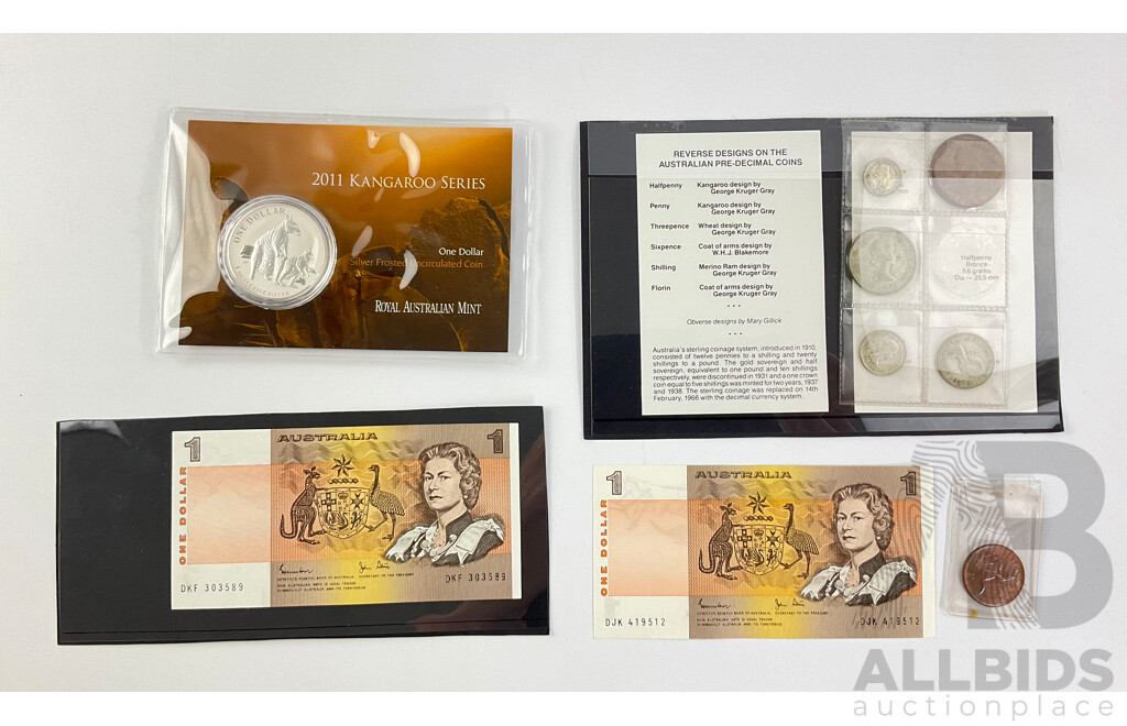Australian RAM 2011 Frosted Silver One Dollar Coin, 1958 Predecimal Set, 1982 One Dollar Notes, Johnston/Stone