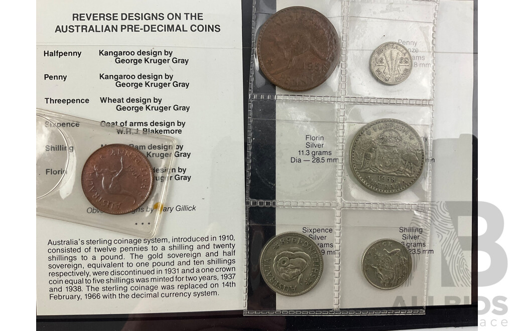 Australian RAM 2011 Frosted Silver One Dollar Coin, 1958 Predecimal Set, 1982 One Dollar Notes, Johnston/Stone