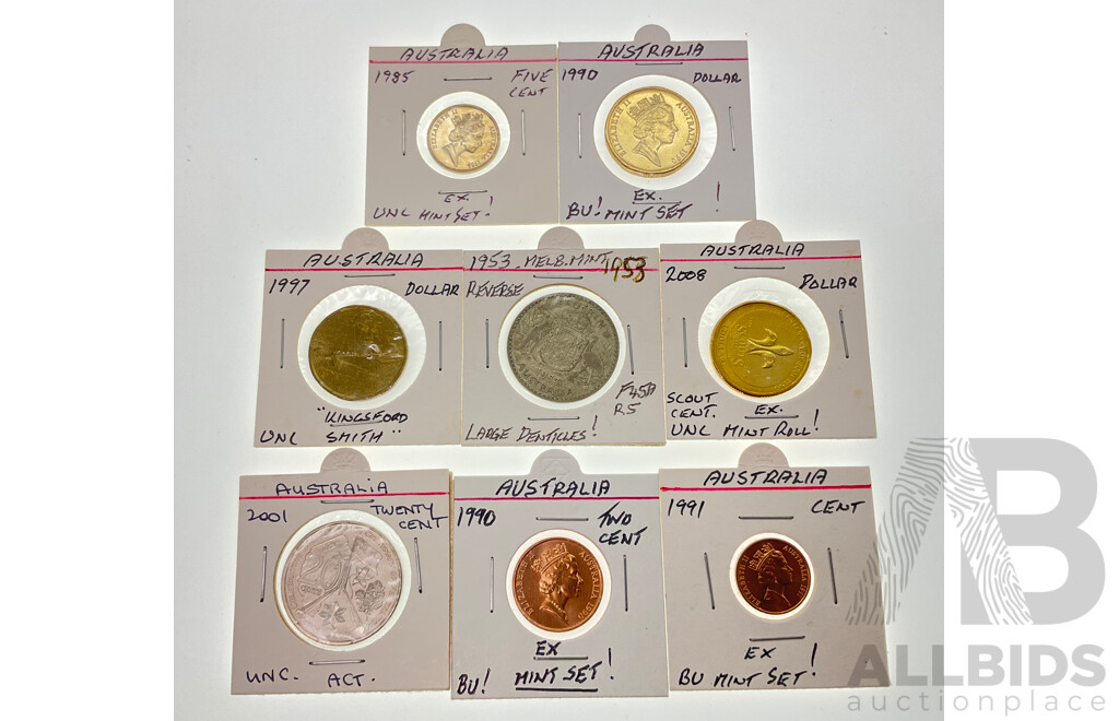 Australian UNC One Dollar Coins Including 2008 Scouts, 1997 Kingsford Smith, 1990, Twenty Cent 2001 Federation, 1990 Two Cent, 1991 One Cent, 1985 Five Cent, 1958 Florin