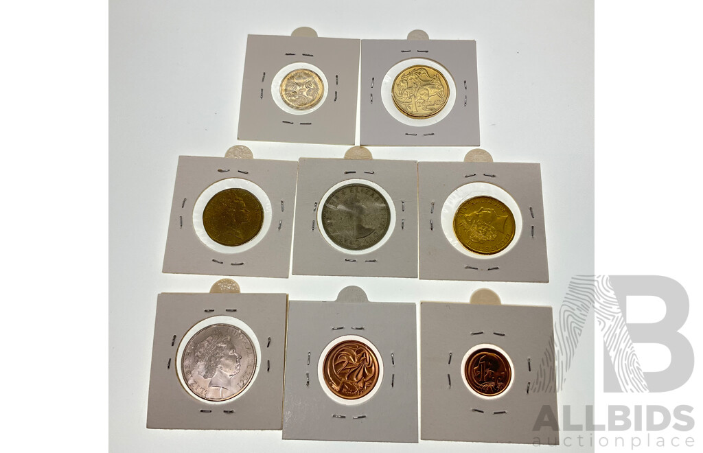 Australian UNC One Dollar Coins Including 2008 Scouts, 1997 Kingsford Smith, 1990, Twenty Cent 2001 Federation, 1990 Two Cent, 1991 One Cent, 1985 Five Cent, 1958 Florin