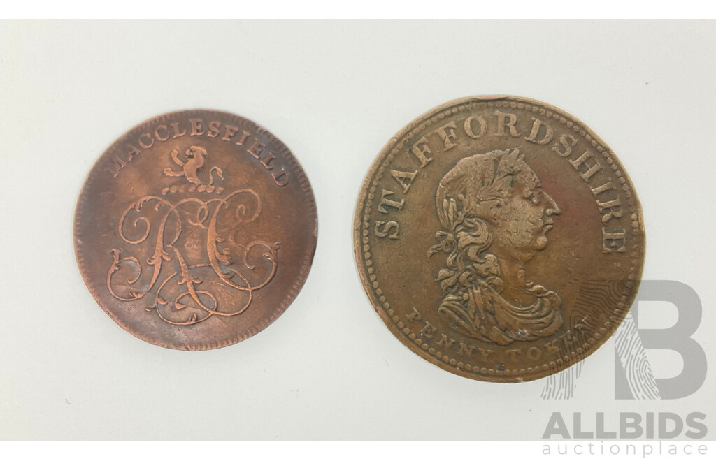 United Kingdom 1790-1799 Macclesfield Half Penny Token and Staffordshire 1914 Penny Token