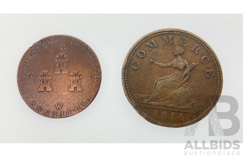 United Kingdom 1790-1799 Macclesfield Half Penny Token and Staffordshire 1914 Penny Token