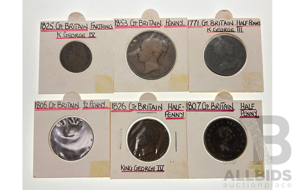 Antique United Kingdom Coins Including 1853 Penny, Half Pennies 1771, 1806, 1807, 1826 and 1825 Farthing