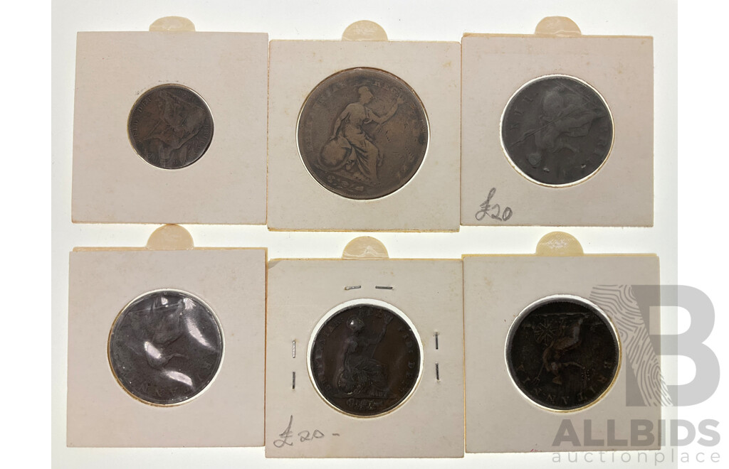 Antique United Kingdom Coins Including 1853 Penny, Half Pennies 1771, 1806, 1807, 1826 and 1825 Farthing
