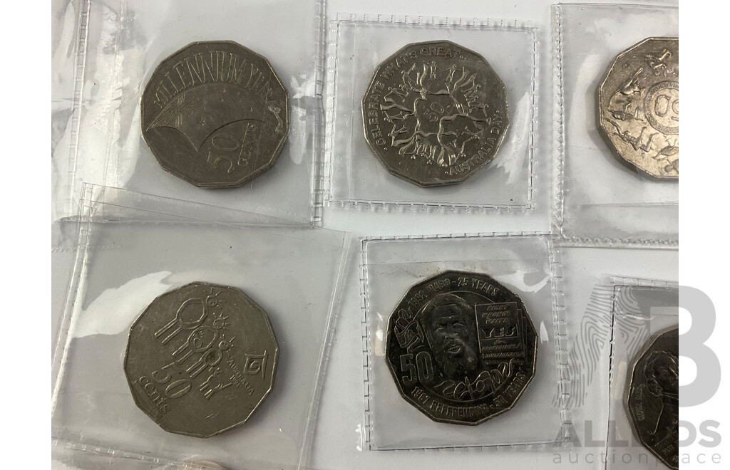 Collection of Australian Commemorative Fifty Cent Coins Including 2017 Mabo, 2010 Australia Day, 1998 Bass Straight, 2000 Australia Day, 2001 Queensland, Western Australia Federation and More