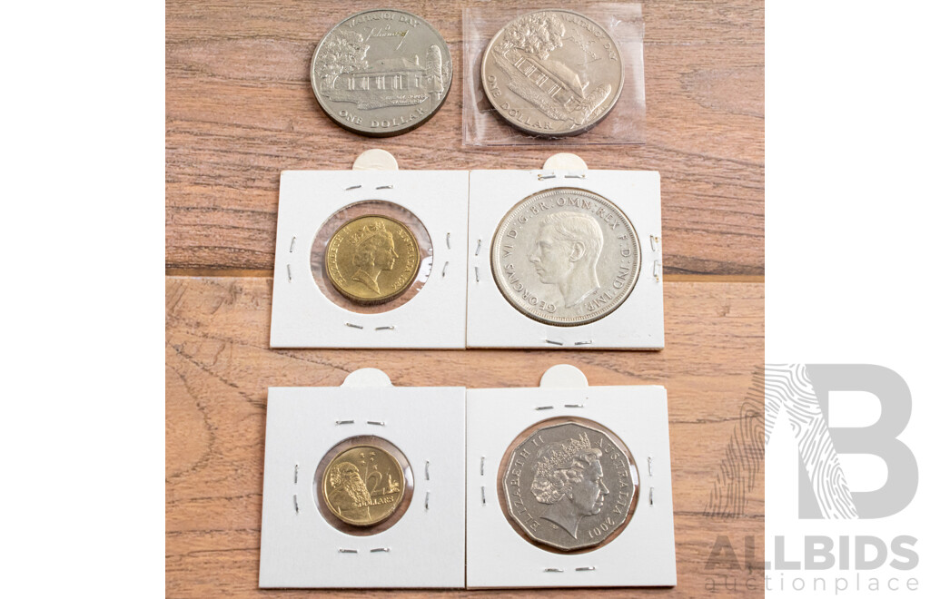 Australian 1937 Silver One Crown, UNC Commemorative 1986 One Dollar, 2001 Fifty Cents Federation TAS, Two New Zealand 1977 One Dollar Coin, Waitangi Day