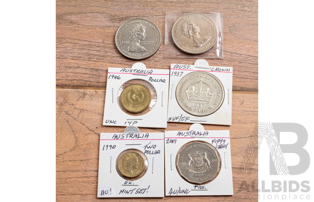 Australian 1937 Silver One Crown, UNC Commemorative 1986 One Dollar, 2001 Fifty Cents Federation TAS, Two New Zealand 1977 One Dollar Coin, Waitangi Day