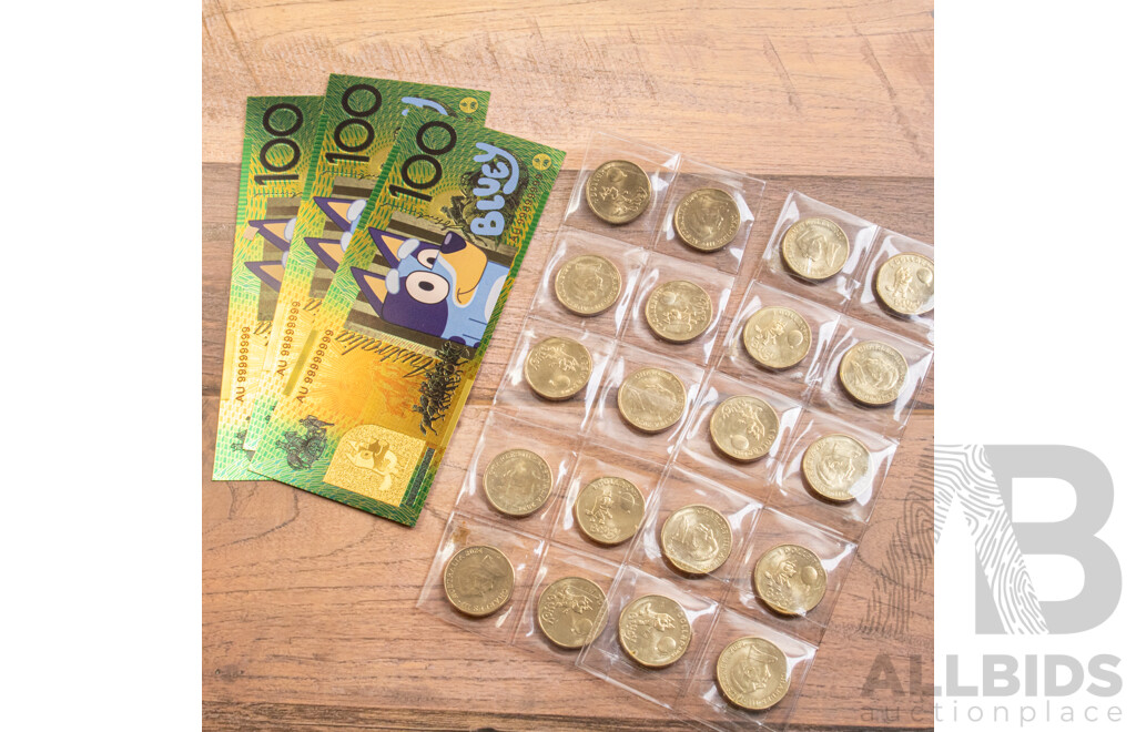 Twenty Australian Commemorative One Dollar Coins, Bluey Bucks with Three Novelty Bluey One Hundred Dollar Notes