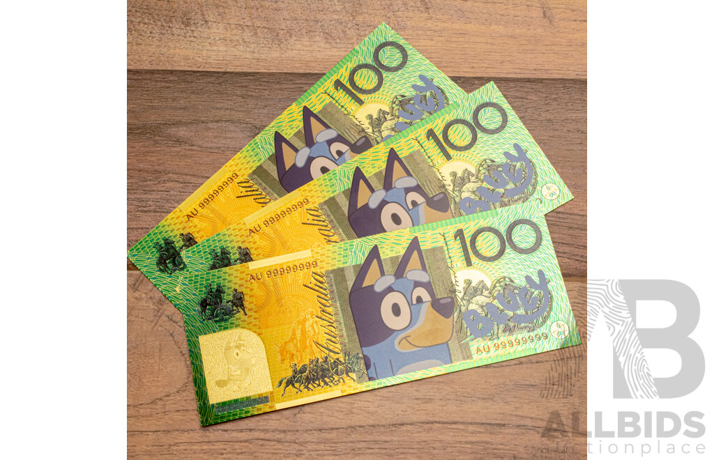 Twenty Australian Commemorative One Dollar Coins, Bluey Bucks with Three Novelty Bluey One Hundred Dollar Notes