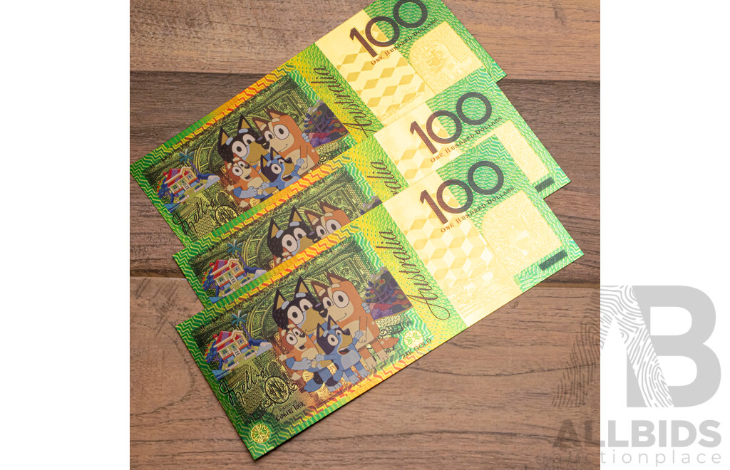 Twenty Australian Commemorative One Dollar Coins, Bluey Bucks with Three Novelty Bluey One Hundred Dollar Notes