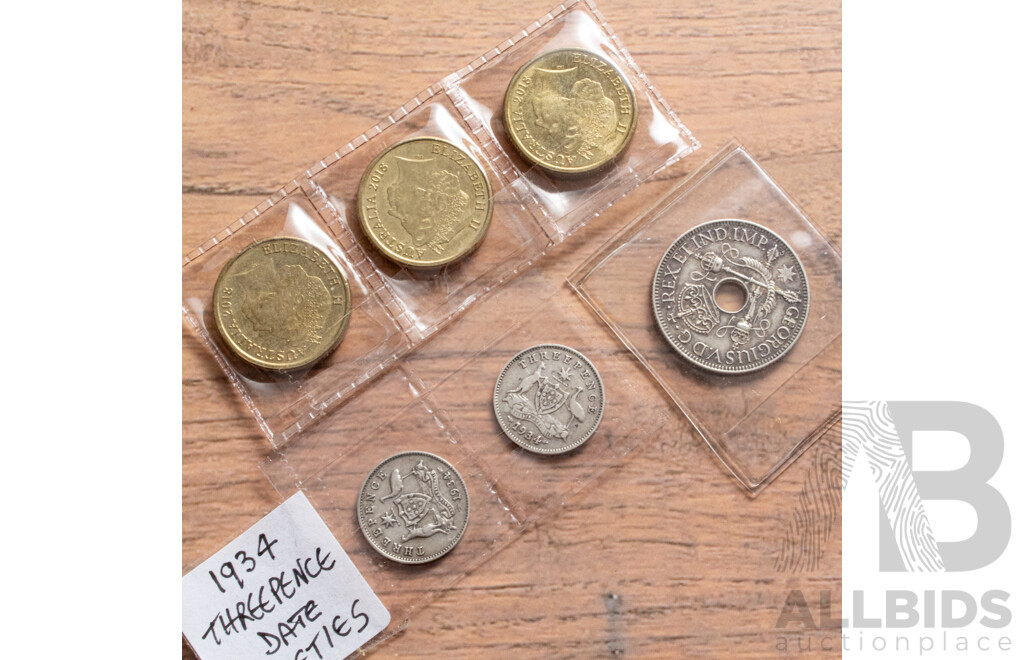 New Guinea 1935 Silver One Shilling, Two Australian 1934 Silver Threepence, Commemorative Two Dollars