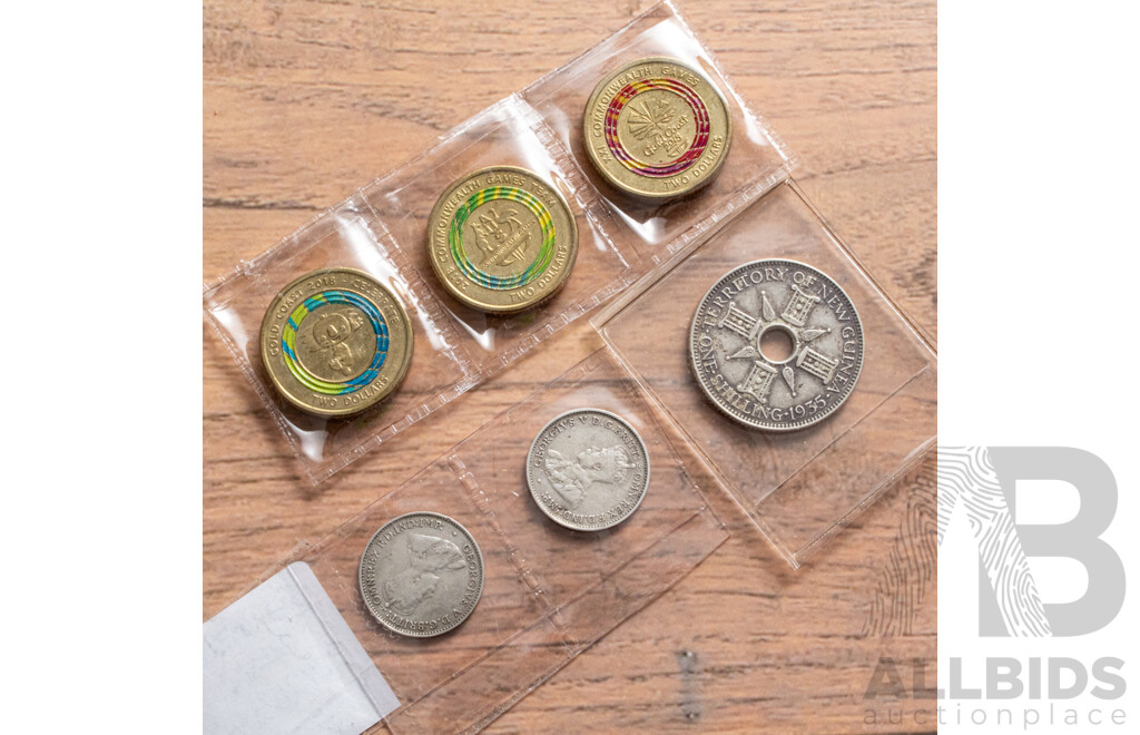 New Guinea 1935 Silver One Shilling, Two Australian 1934 Silver Threepence, Commemorative Two Dollars