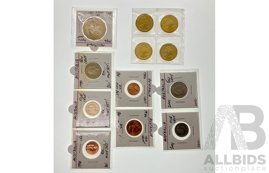 Australian Coins Including Commemorative 2022 One Dollars, AFL, AFLW, UNC 1986 Fifty Cent, 2001, 1990 Ten and Five Cent, 1990, 1986 One Cents 1986 Two Cents