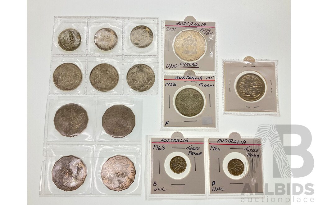 Australian Predecimal Coins Including 1947, 1951, 1952, 1956 Silver Florins, 1946, 1950, 1952 Silver Shillings, 1963, 1964 Threepence, Four 1988 Commemorative Fifty Cent Coins, 2001 Federation