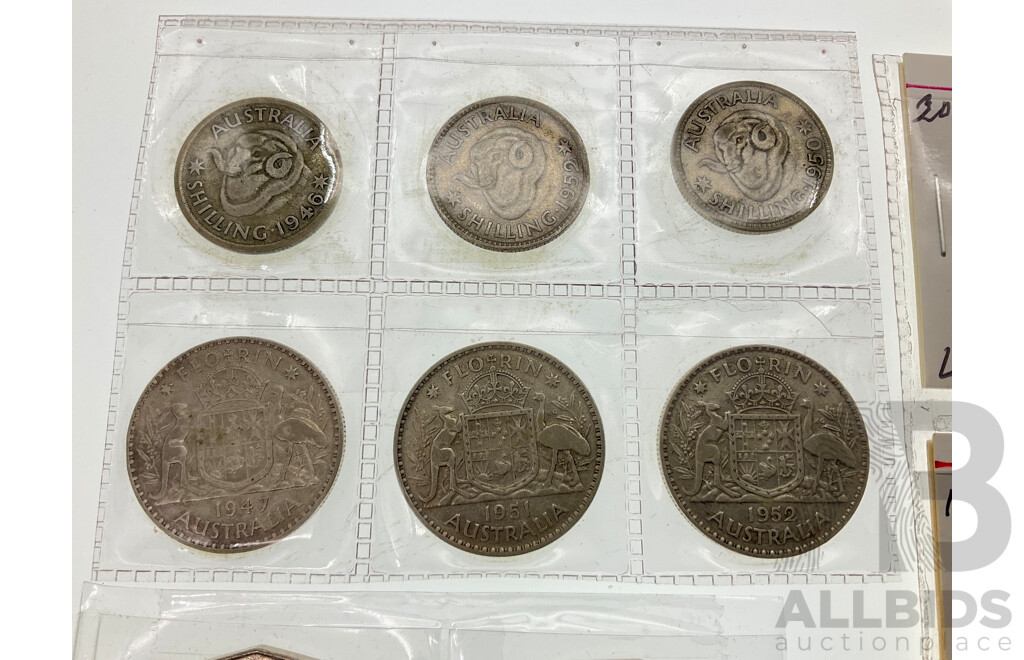 Australian Predecimal Coins Including 1947, 1951, 1952, 1956 Silver Florins, 1946, 1950, 1952 Silver Shillings, 1963, 1964 Threepence, Four 1988 Commemorative Fifty Cent Coins, 2001 Federation