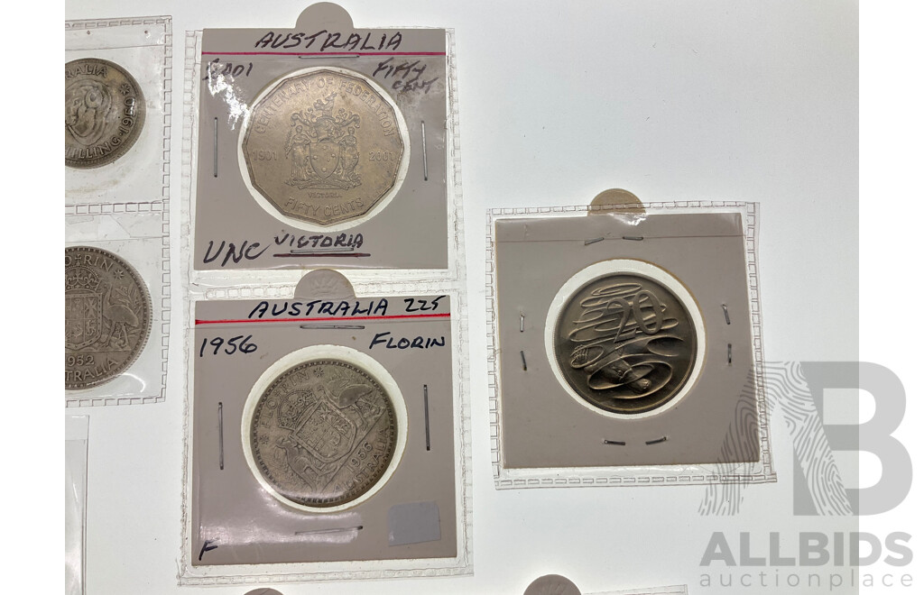 Australian Predecimal Coins Including 1947, 1951, 1952, 1956 Silver Florins, 1946, 1950, 1952 Silver Shillings, 1963, 1964 Threepence, Four 1988 Commemorative Fifty Cent Coins, 2001 Federation
