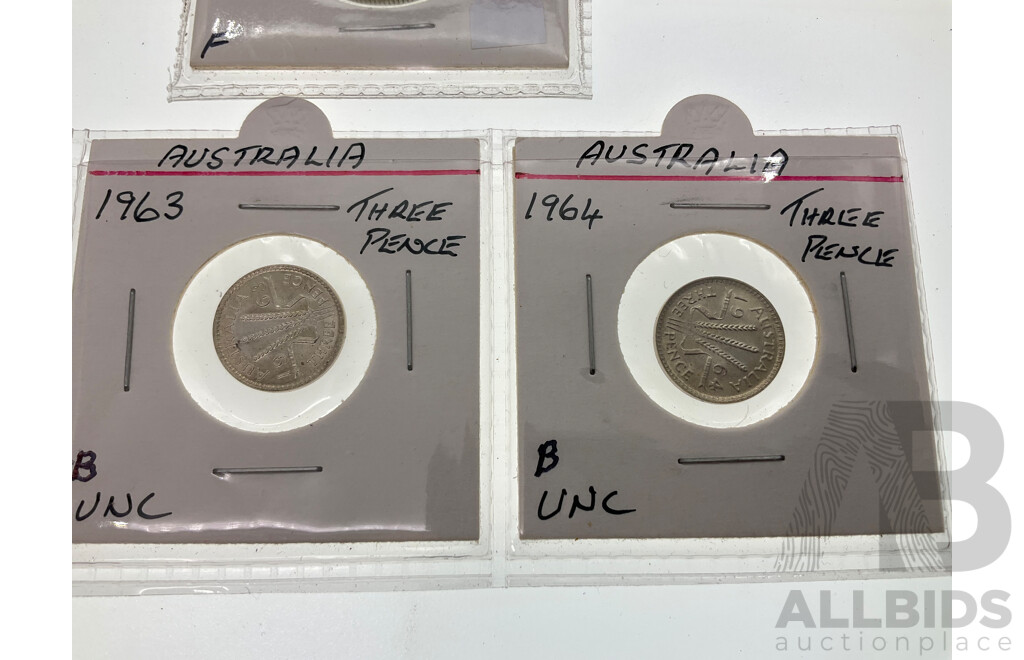Australian Predecimal Coins Including 1947, 1951, 1952, 1956 Silver Florins, 1946, 1950, 1952 Silver Shillings, 1963, 1964 Threepence, Four 1988 Commemorative Fifty Cent Coins, 2001 Federation