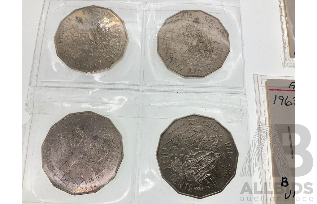 Australian Predecimal Coins Including 1947, 1951, 1952, 1956 Silver Florins, 1946, 1950, 1952 Silver Shillings, 1963, 1964 Threepence, Four 1988 Commemorative Fifty Cent Coins, 2001 Federation