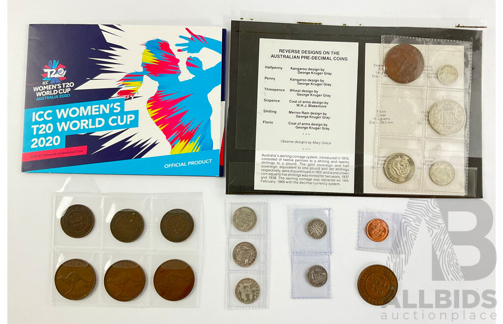Australian 1957 Predecimal Coin Set, Three 1948 Pennies, 1935 Penny, 1912, 1913(2) Half Pennies, 1919, 1941, 1942D Sixpence, 1926, 1943D Three Pence, 2020 Women's T20 Two Dollar