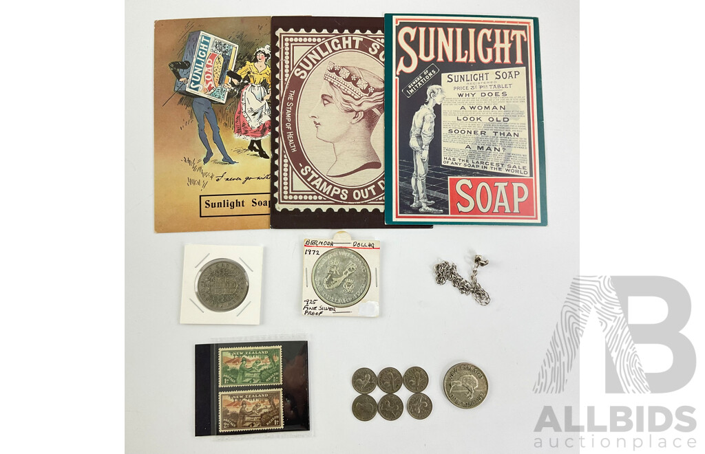 Bermuda 1972 Silver Proof One Dollar, Silver Wedding, Six New Zealand Threepence, 1948 Crown, Predecimal Health Stamps, Three Sunlight Soap Post Cards, Silver Teddy Bear Bracelet