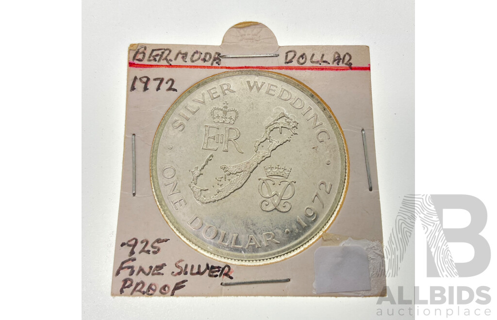 Bermuda 1972 Silver Proof One Dollar, Silver Wedding, Six New Zealand Threepence, 1948 Crown, Predecimal Health Stamps, Three Sunlight Soap Post Cards, Silver Teddy Bear Bracelet