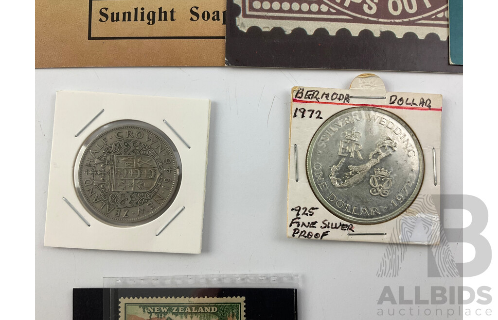 Bermuda 1972 Silver Proof One Dollar, Silver Wedding, Six New Zealand Threepence, 1948 Crown, Predecimal Health Stamps, Three Sunlight Soap Post Cards, Silver Teddy Bear Bracelet