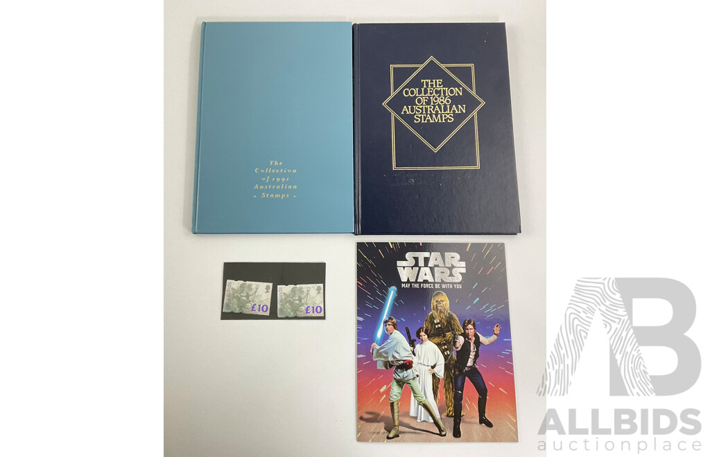 Australian Star Wars, May the Force Be with You Stamp Pack, 1986 and 1991 Empty Annual Stamp Albums, Two United Kingdom Mint Ten Pound Stamps