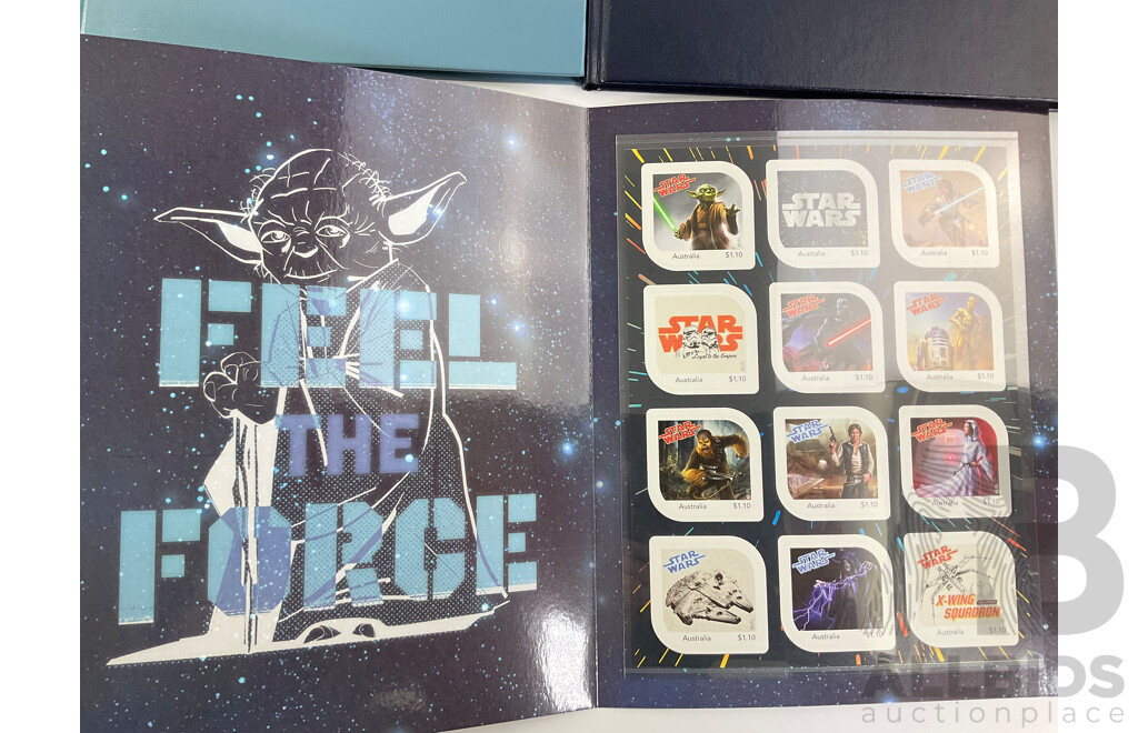 Australian Star Wars, May the Force Be with You Stamp Pack, 1986 and 1991 Empty Annual Stamp Albums, Two United Kingdom Mint Ten Pound Stamps