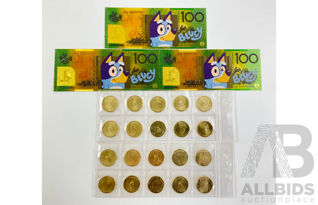 Twenty Australian 2024 Commemorative One Dollar 'Bluey Bucks' with Three Novelty Bluey One Hundred Dollar Notes