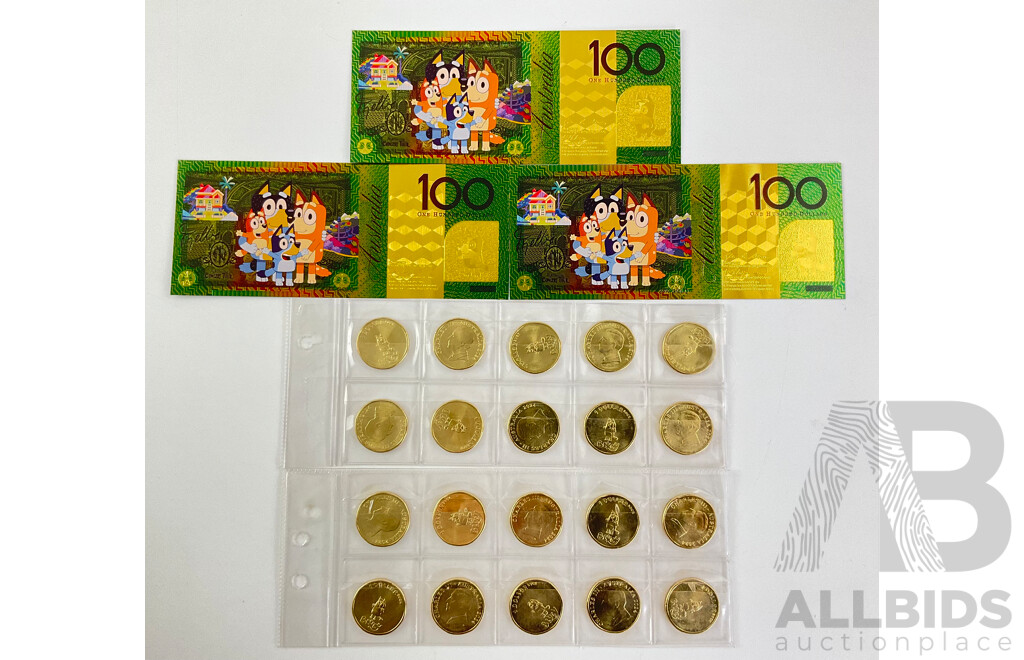 Twenty Australian 2024 Commemorative One Dollar 'Bluey Bucks' with Three Novelty Bluey One Hundred Dollar Notes