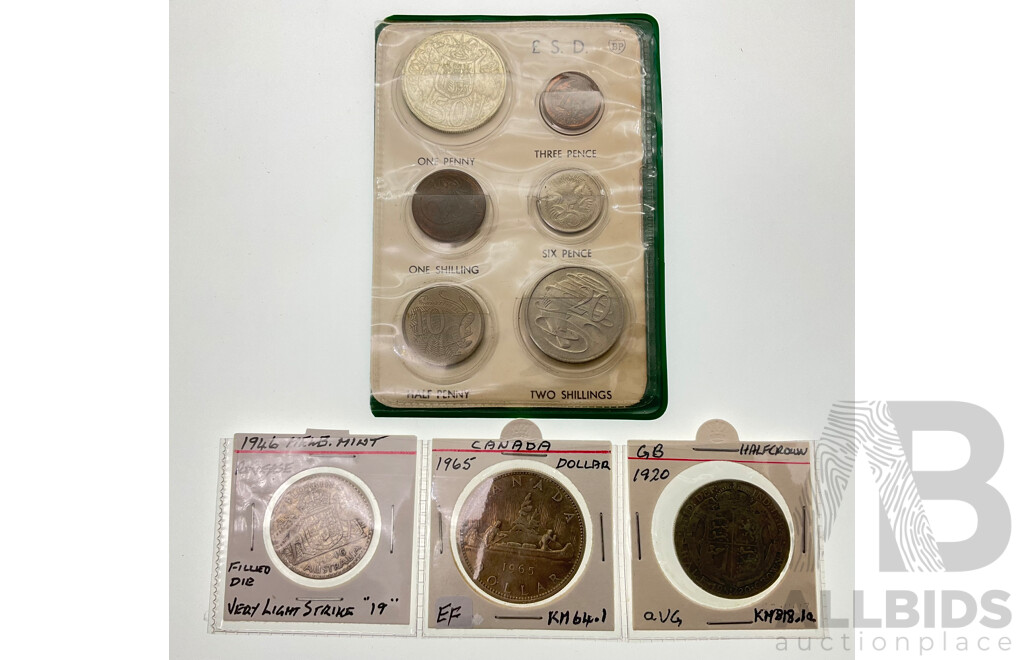Australian 1966 BP Decimal Coin Set, 1946 Silver Florin, Canada 1965 One Dollar, UK 1920 Half Crown