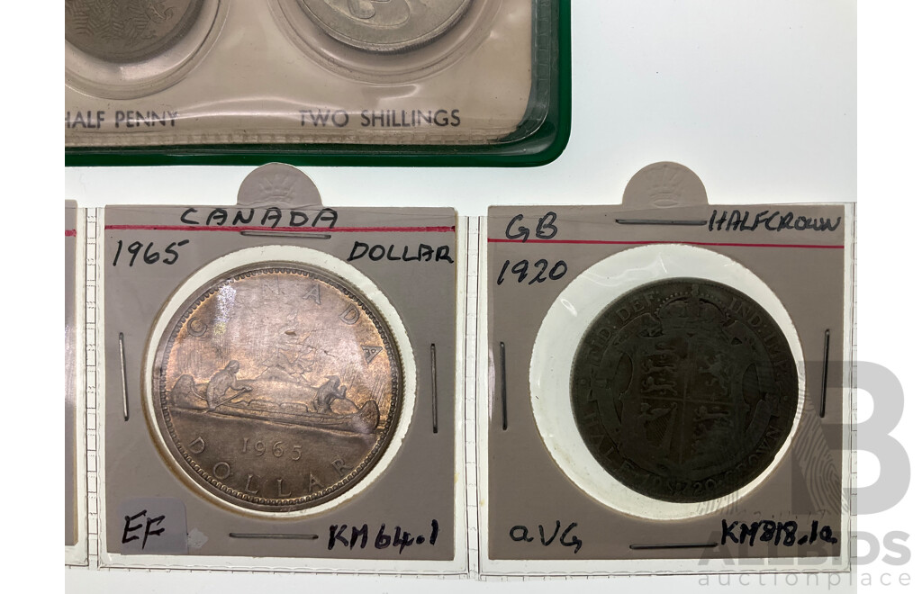 Australian 1966 BP Decimal Coin Set, 1946 Silver Florin, Canada 1965 One Dollar, UK 1920 Half Crown