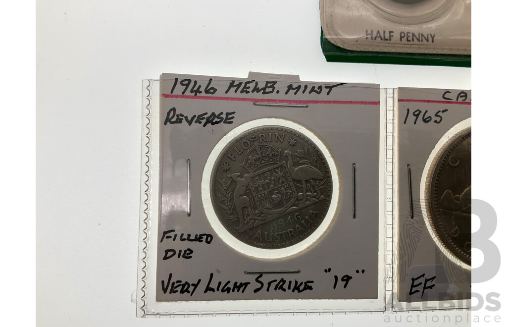 Australian 1966 BP Decimal Coin Set, 1946 Silver Florin, Canada 1965 One Dollar, UK 1920 Half Crown