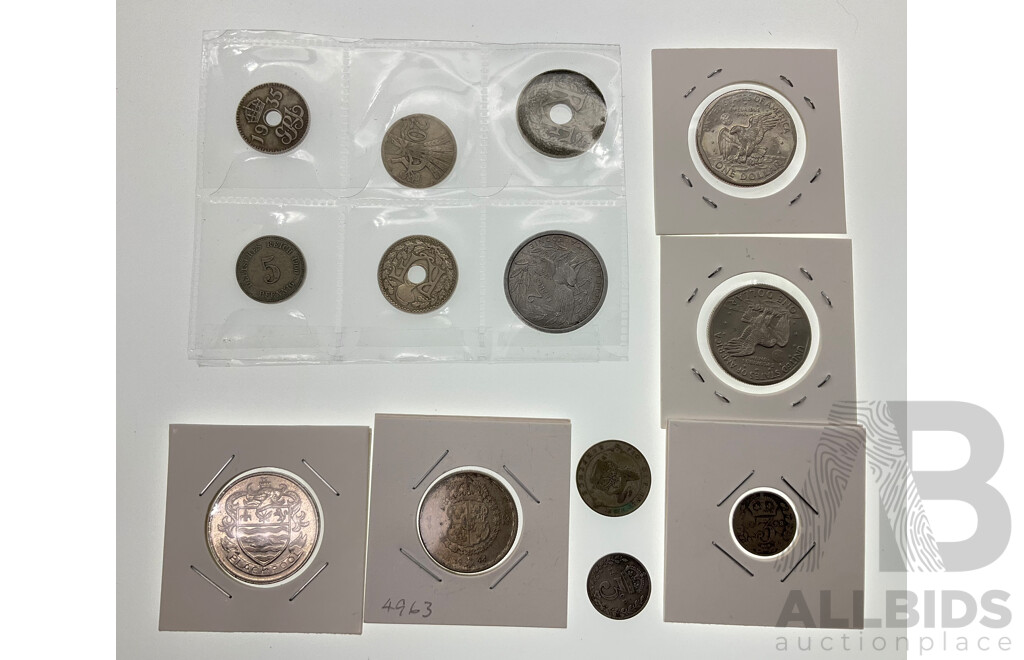 Two USA 1979 One Dollar Coins, France 1929 Ten and 1930 Twenty Five Centimes, Germany 1900 Five Pfenning, New Guinea 1935 Six Pence, UK 1908 and 1898 Threepence, 1972 Blackpool FA Cup Coin