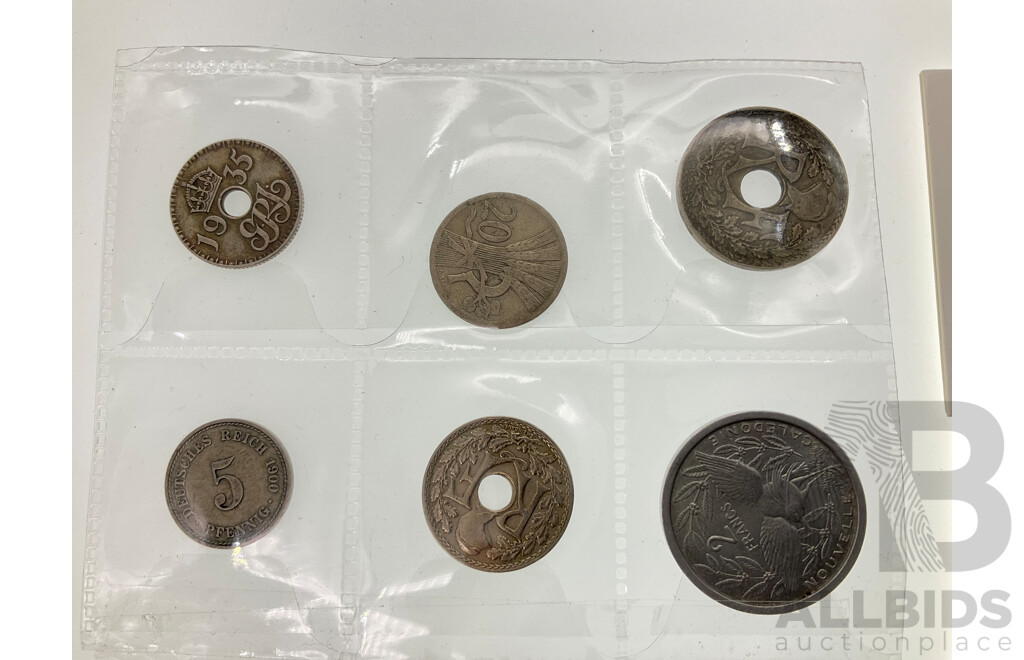 Two USA 1979 One Dollar Coins, France 1929 Ten and 1930 Twenty Five Centimes, Germany 1900 Five Pfenning, New Guinea 1935 Six Pence, UK 1908 and 1898 Threepence, 1972 Blackpool FA Cup Coin