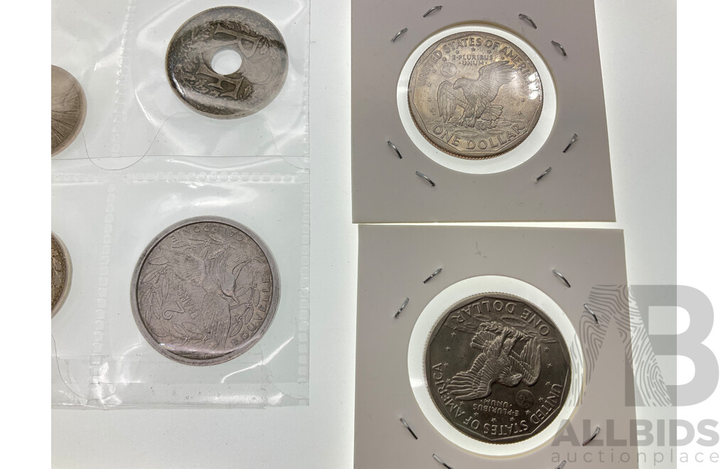 Two USA 1979 One Dollar Coins, France 1929 Ten and 1930 Twenty Five Centimes, Germany 1900 Five Pfenning, New Guinea 1935 Six Pence, UK 1908 and 1898 Threepence, 1972 Blackpool FA Cup Coin