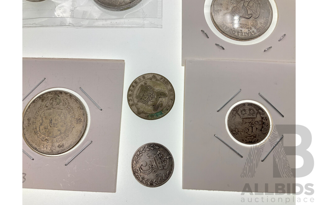 Two USA 1979 One Dollar Coins, France 1929 Ten and 1930 Twenty Five Centimes, Germany 1900 Five Pfenning, New Guinea 1935 Six Pence, UK 1908 and 1898 Threepence, 1972 Blackpool FA Cup Coin