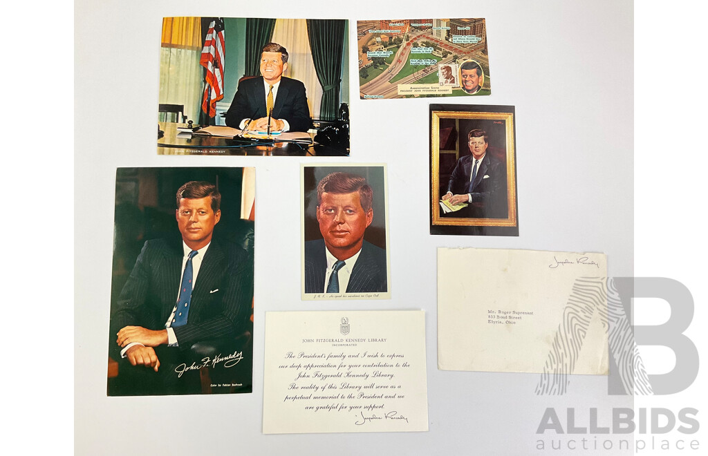 JFK Memorabilia Including Post Cards, Assassination Scene, Morris Katz Portrait, Seasons Greetings, Inaugural Address, Jacqui Kennedy Appreciation Card