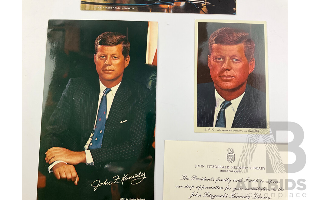 JFK Memorabilia Including Post Cards, Assassination Scene, Morris Katz Portrait, Seasons Greetings, Inaugural Address, Jacqui Kennedy Appreciation Card