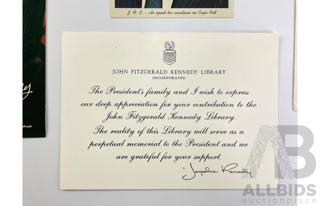 JFK Memorabilia Including Post Cards, Assassination Scene, Morris Katz Portrait, Seasons Greetings, Inaugural Address, Jacqui Kennedy Appreciation Card