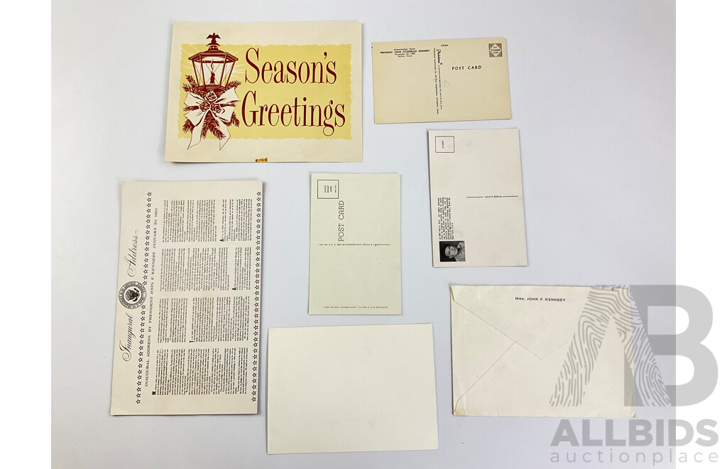 JFK Memorabilia Including Post Cards, Assassination Scene, Morris Katz Portrait, Seasons Greetings, Inaugural Address, Jacqui Kennedy Appreciation Card